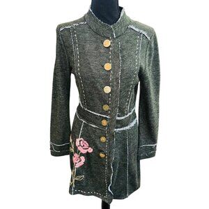 Marese Steampunk Embroider Floral Military Coat Jacket M Grey Rose Floral Cotton